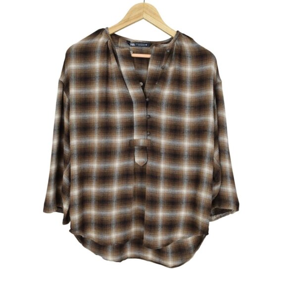 ZARA WOOL BROWN PLAID LONG SLEEVE 1/2 BUTTON UP TOP - Picture 3 of 8